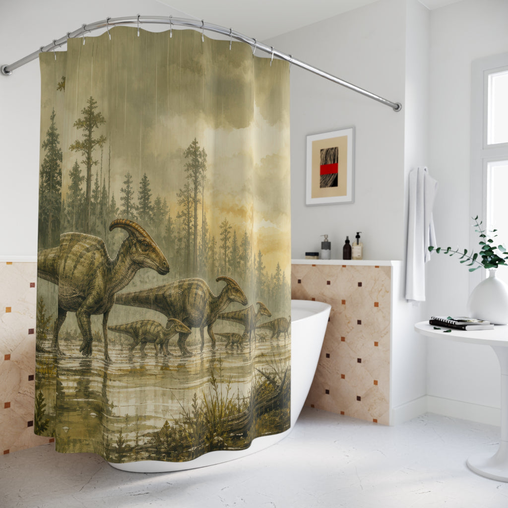 Hadrosaur herd crossing a misty forest marsh shower curtain styled beside a freestanding tub