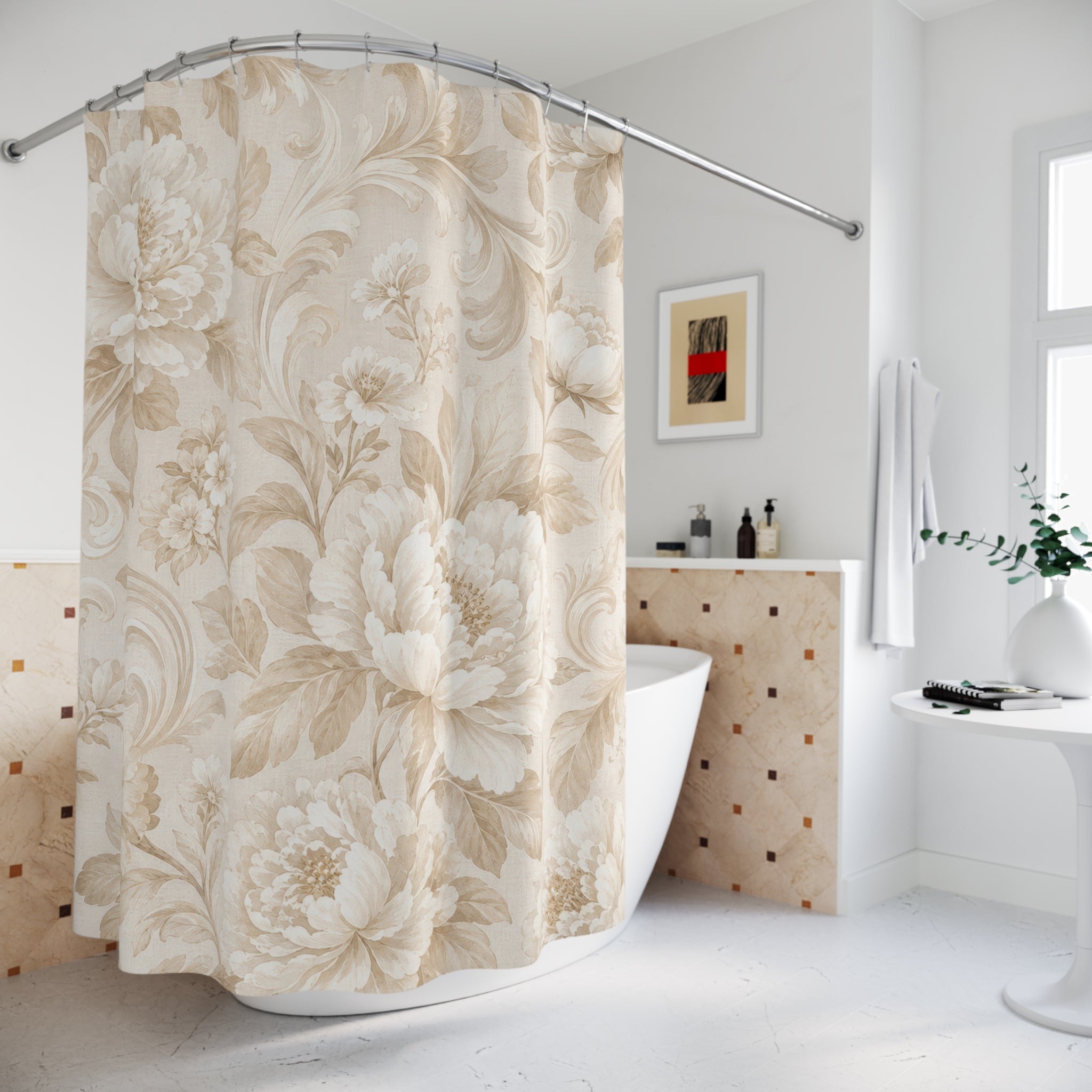 Beige and White Shower Curtain: Cream Floral Botanical Pattern