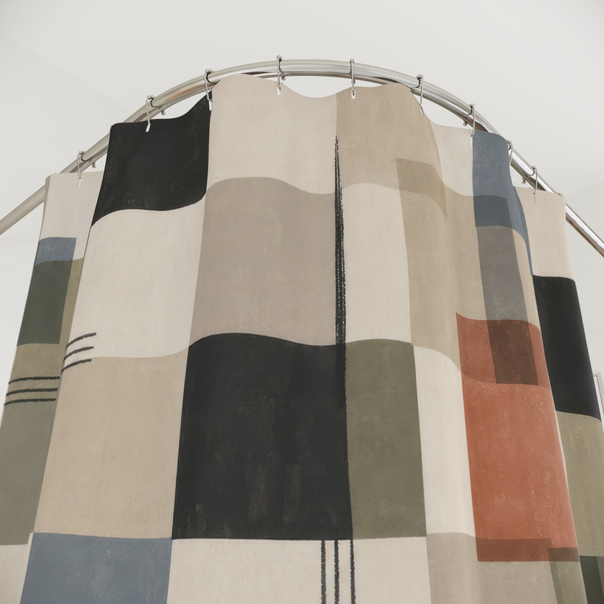 Modern Geometric Shower Curtain, Neutral Patchwork Grid Pattern, Blue Green Black Abstract Bathroom Decor, Minimal Art Bath Style, Calm