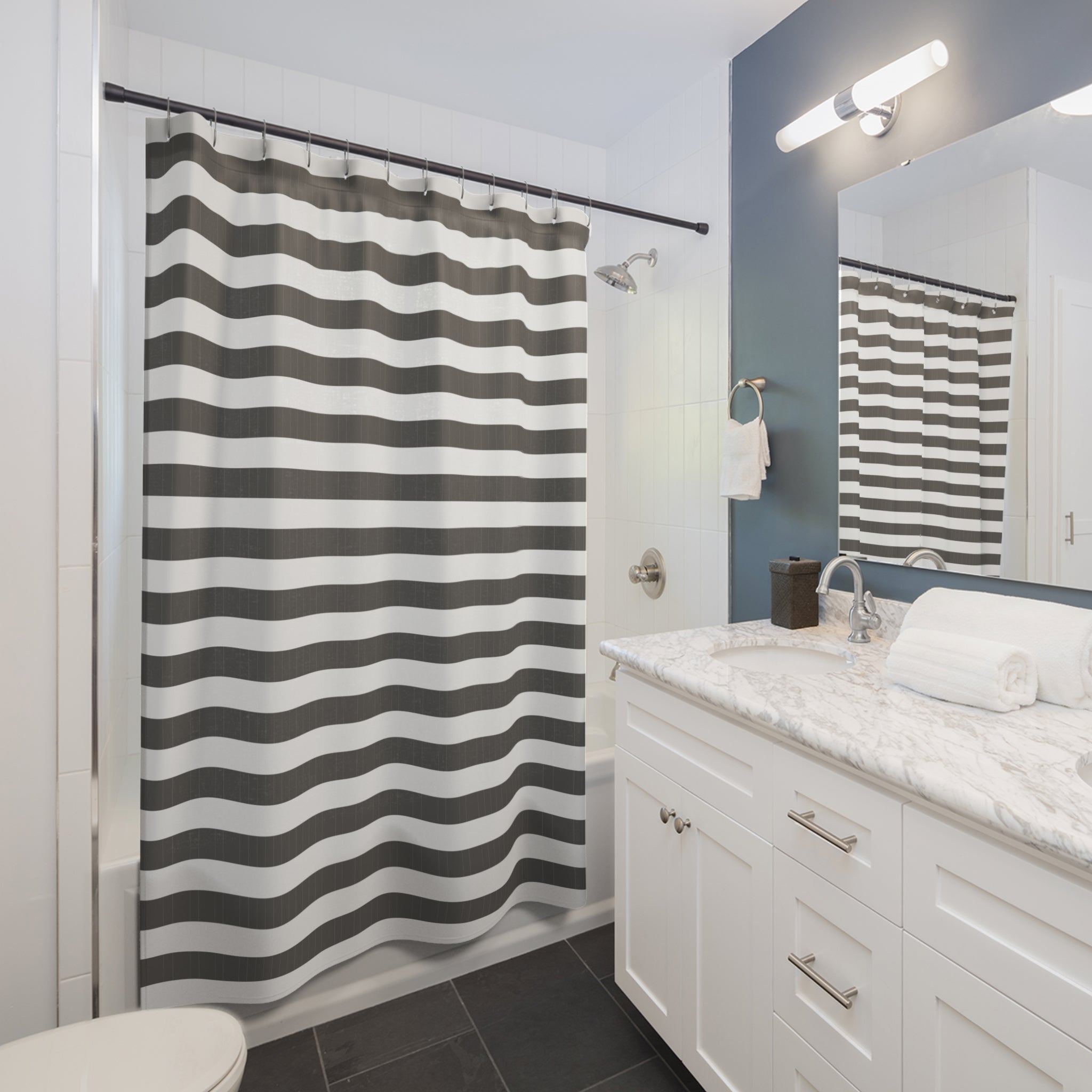 Grey and White Horizontal Stripe Shower Curtain