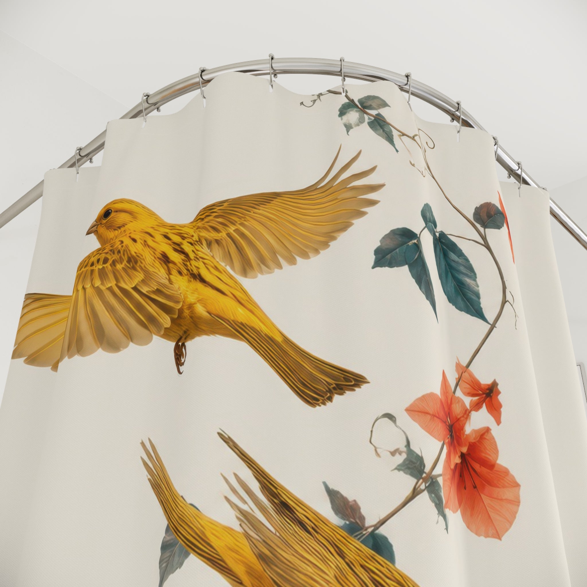 Three golden canaries flying among coral flowers on ivory shower curtain with close-up print, hooks, and folds