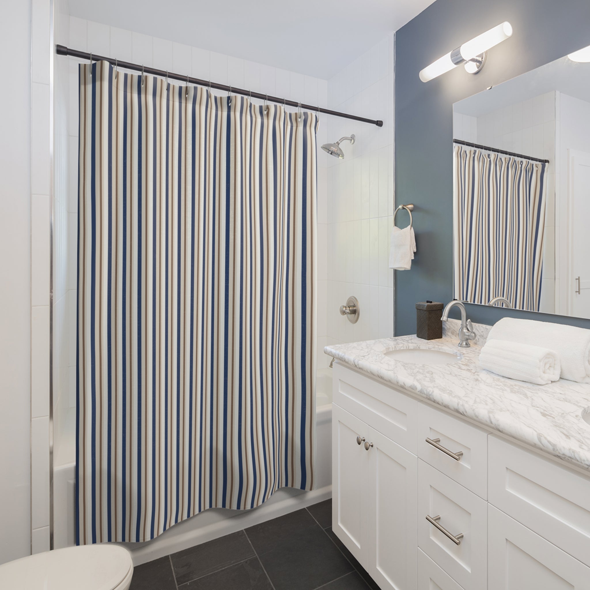 Color Block Stripe Shower Curtain – Navy Cream Taupe