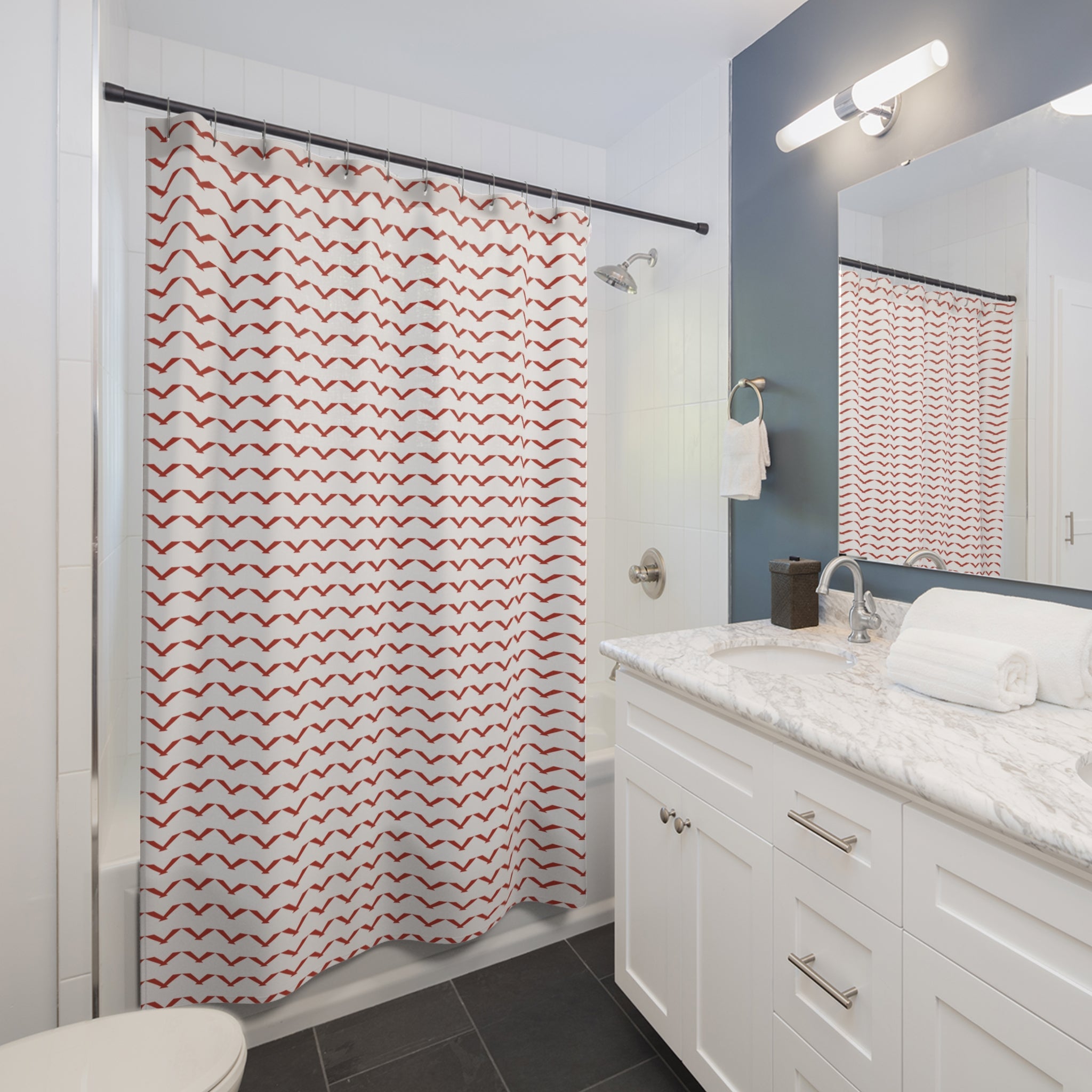 Red & White Chevron Shower Curtain – Bold V-Stripe
