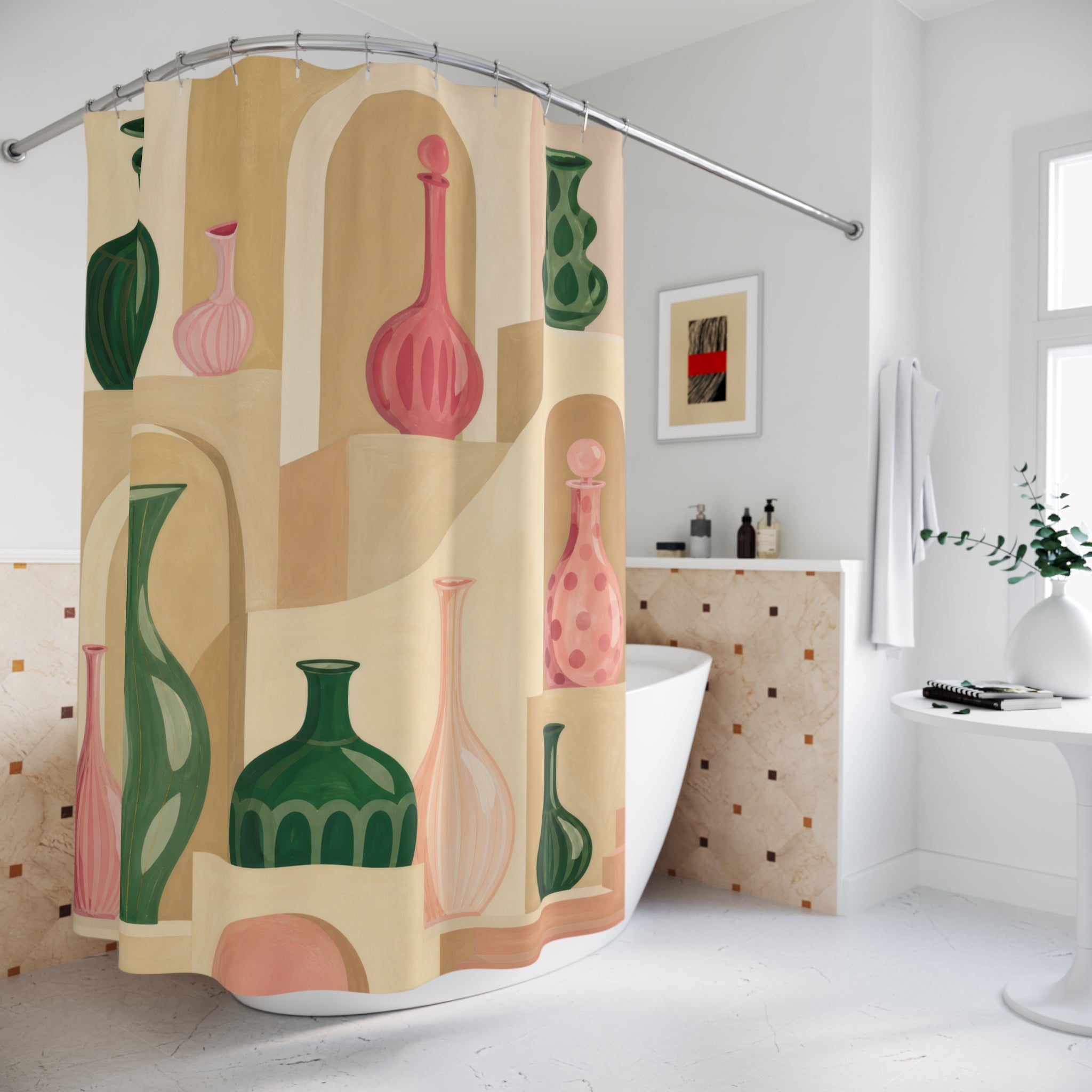 Green and pink glass vessels in stepped alcoves shower curtain beside a freestanding tub