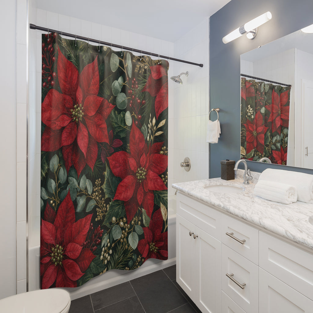 Red Poinsettia Dark Green Shower Curtain