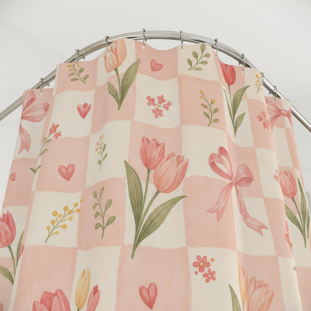 Cute Bow Checker Pink Shower Curtain