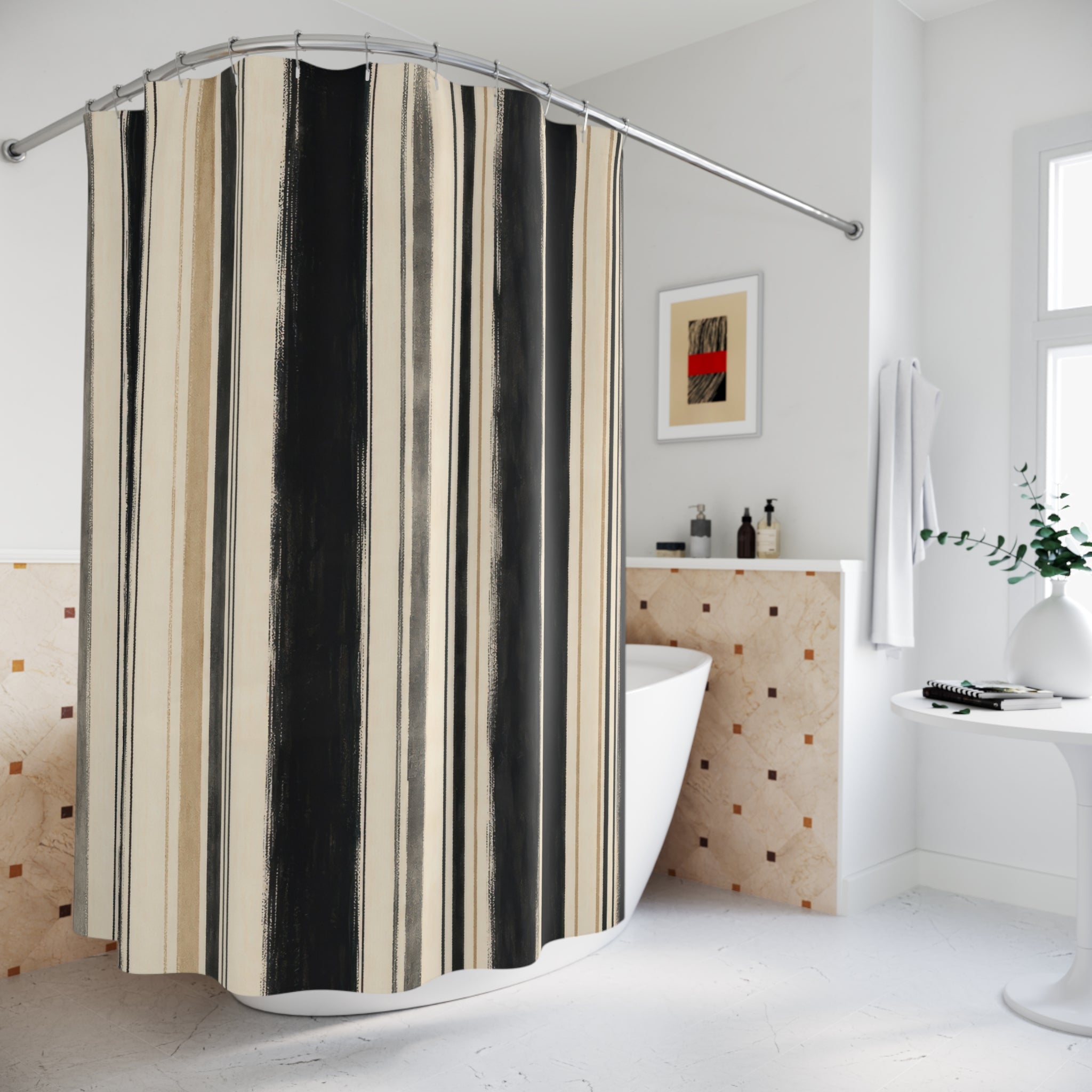 Beige Ivory Brush Stripe Shower Curtain