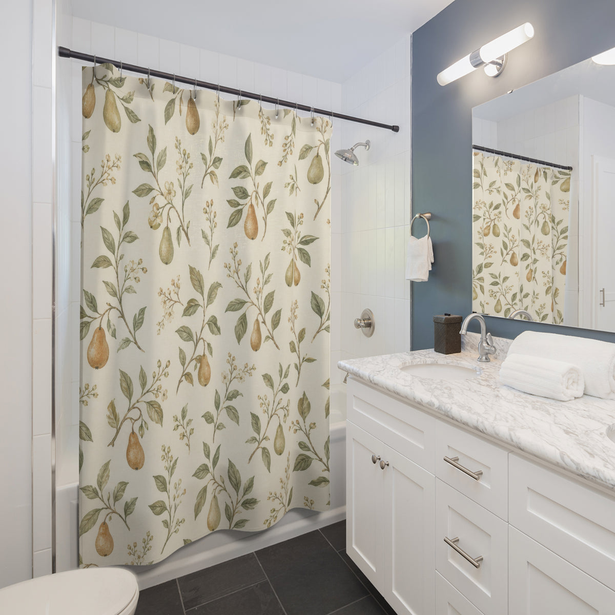 Pear Orchard Botanical fruit pattern shower curtain beside a white vanity