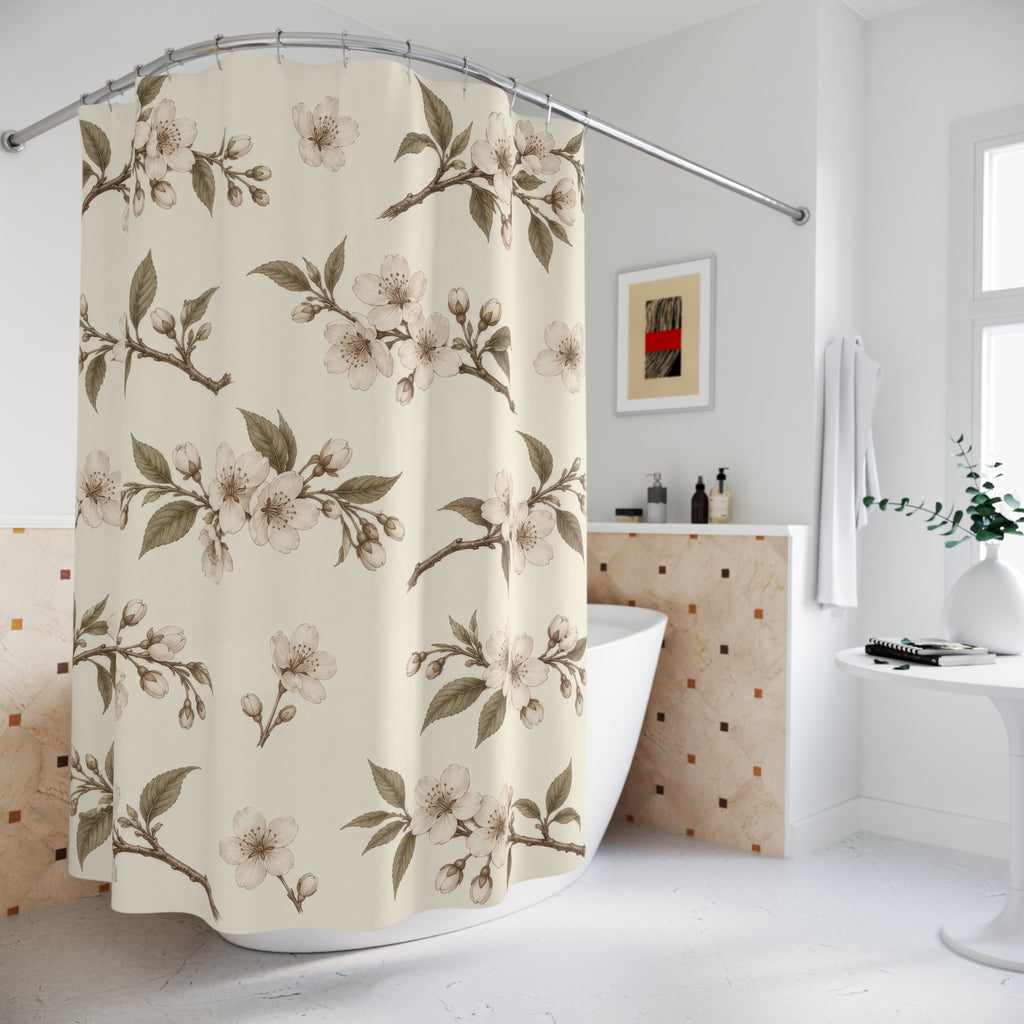 Sepia cherry blossom boughs with olive leaves on ivory shower curtain beside a freestanding tub