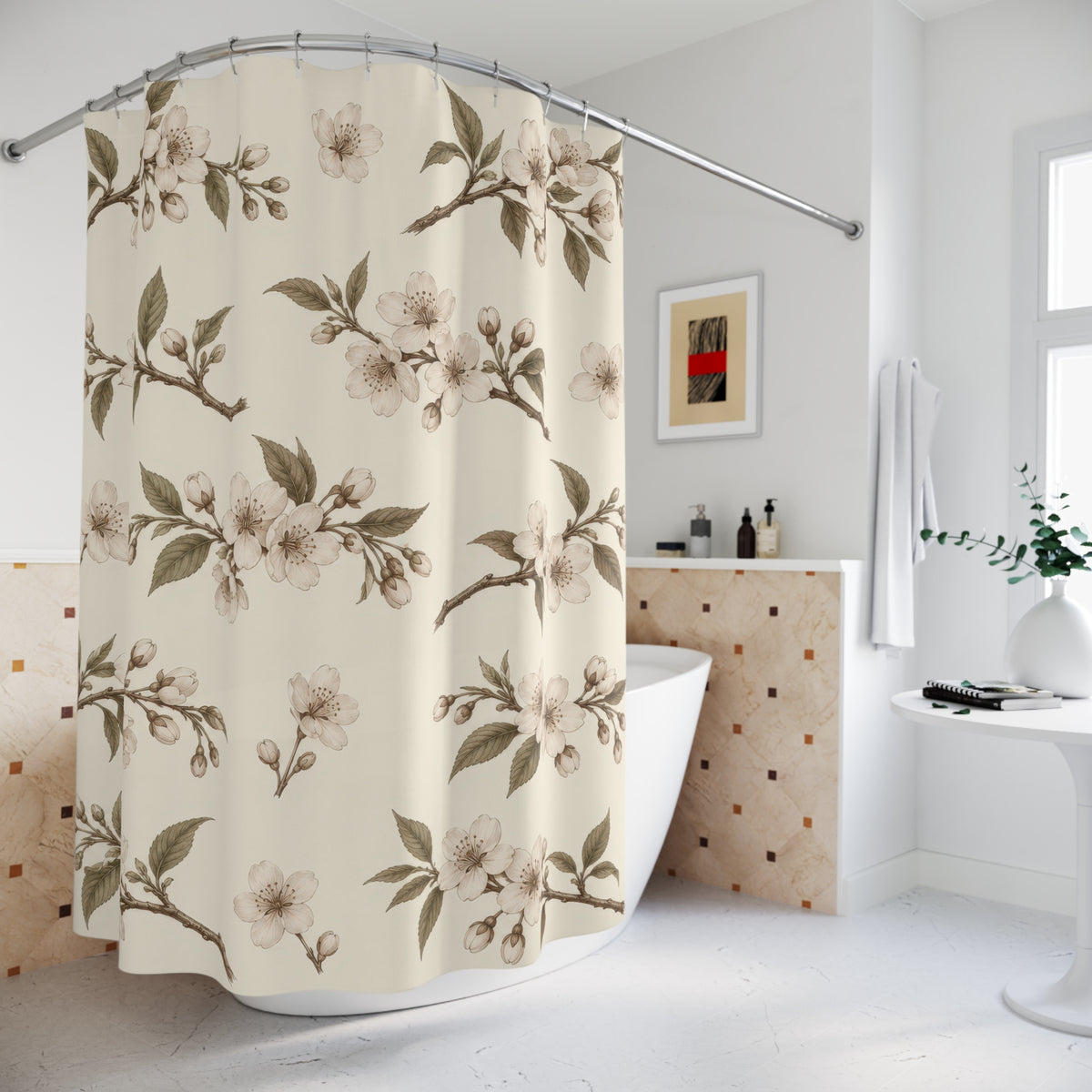 Sepia cherry blossom boughs with olive leaves on ivory shower curtain beside a freestanding tub