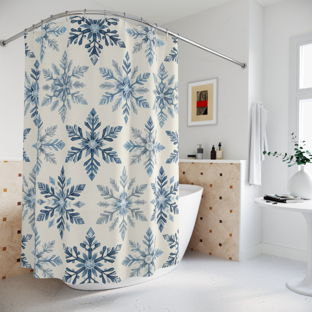 Blue ivory snowflake rosettes shower curtain beside a freestanding tub
