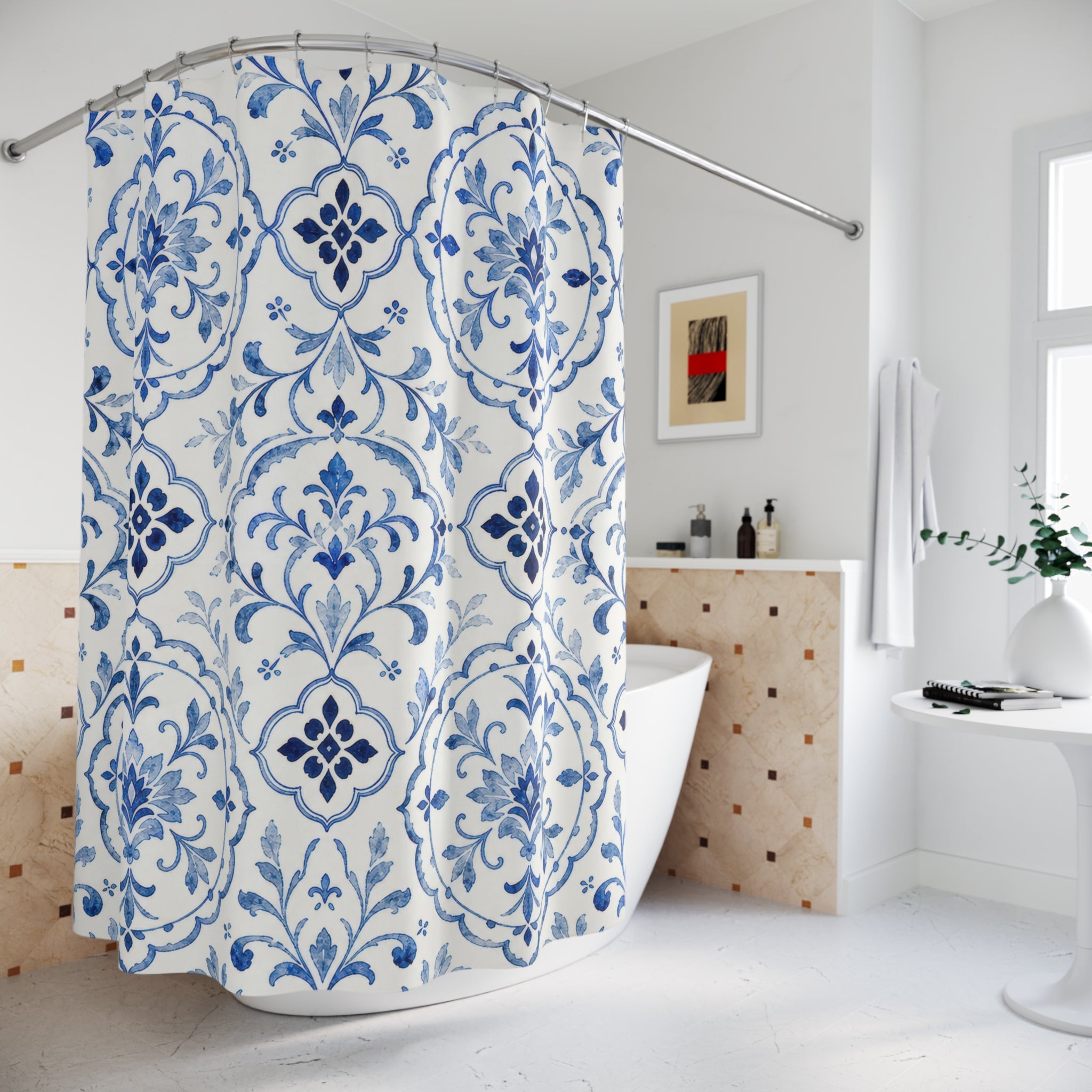 Blue Tile Floral Shower Curtain, Blue White Mediterranean Bath Decor, Tile Pattern Bath Curtain, Guest Bath Decor, Small Bathroom Decor