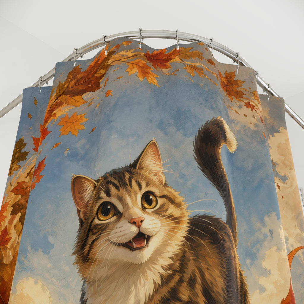 Cat surfing a giant maple leaf through autumn foliage shower curtain with close-up print, hooks, and folds