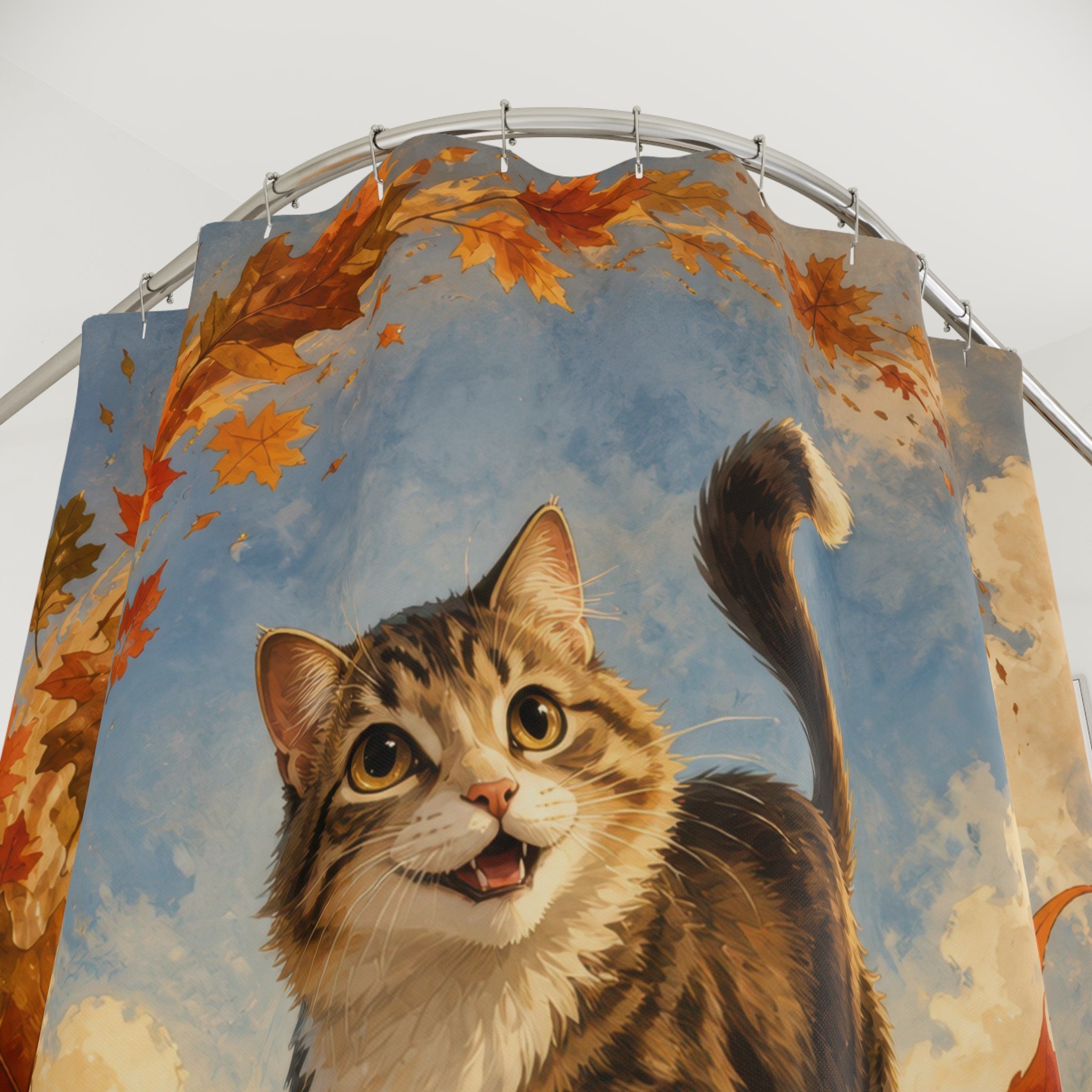 Cat surfing a giant maple leaf through autumn foliage shower curtain with close-up print, hooks, and folds