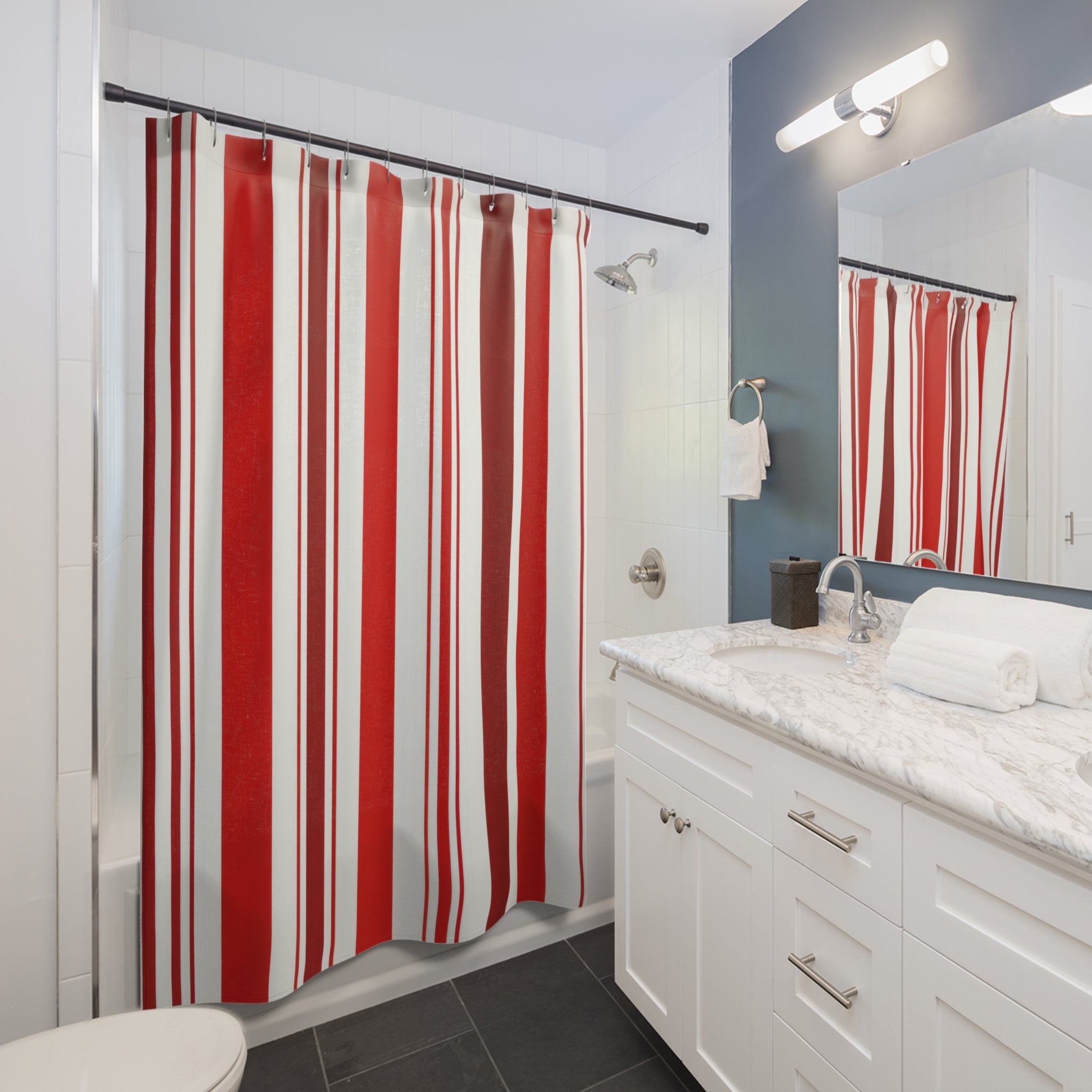 Red and White Striped Shower Curtain, Cabana Stripe Bath Decor, Bold Vertical Stripe Pattern, Classic Guest Bathroom, Tailored Red Bath