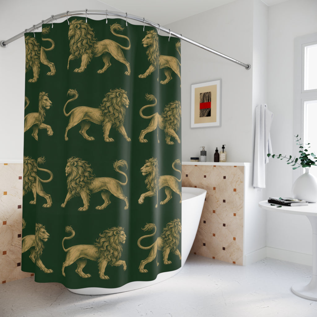 Ochre heraldic lions on forest green shower curtain beside a freestanding tub