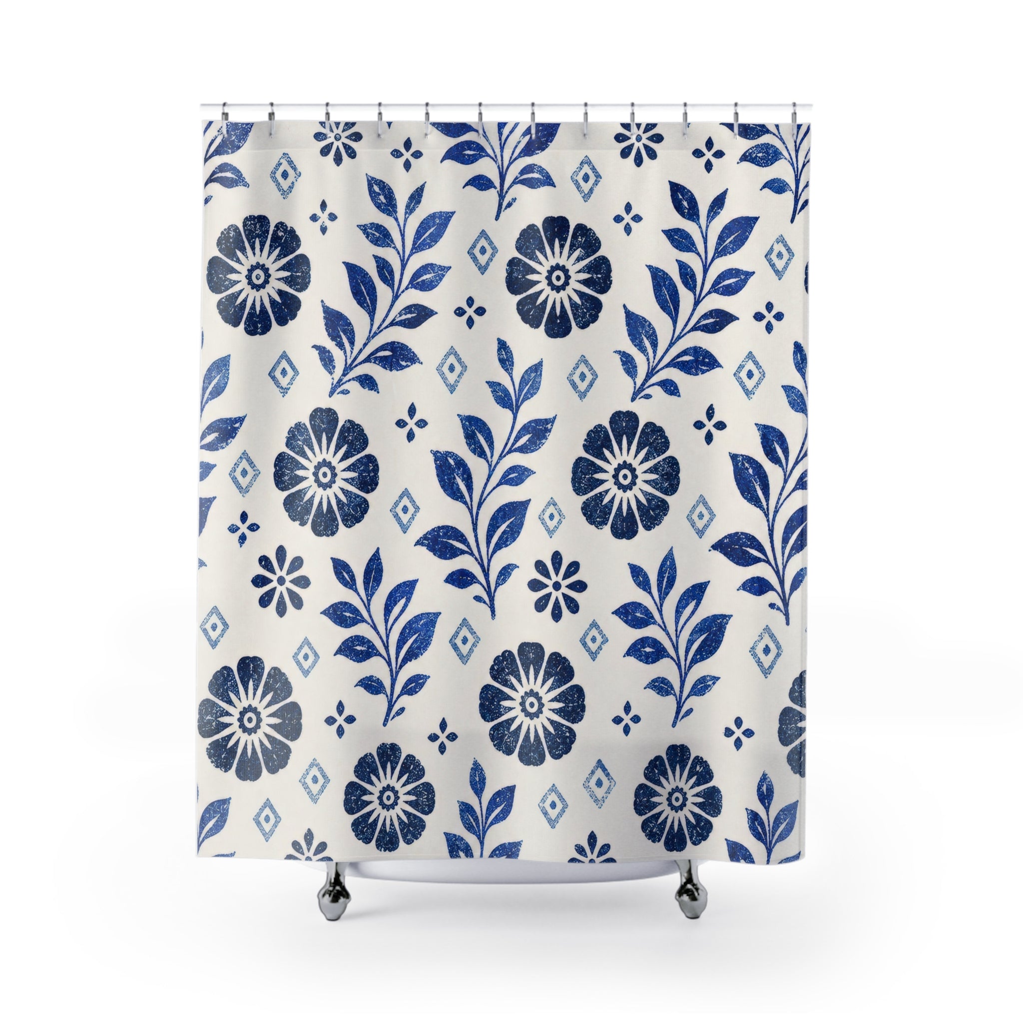 Blue Folk Floral Shower Curtain