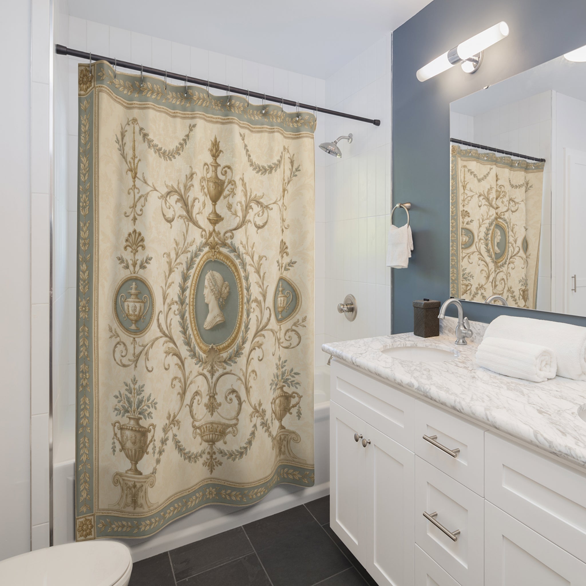 Regency Shower Curtain: Ivory Gold Neoclassical Cameo
