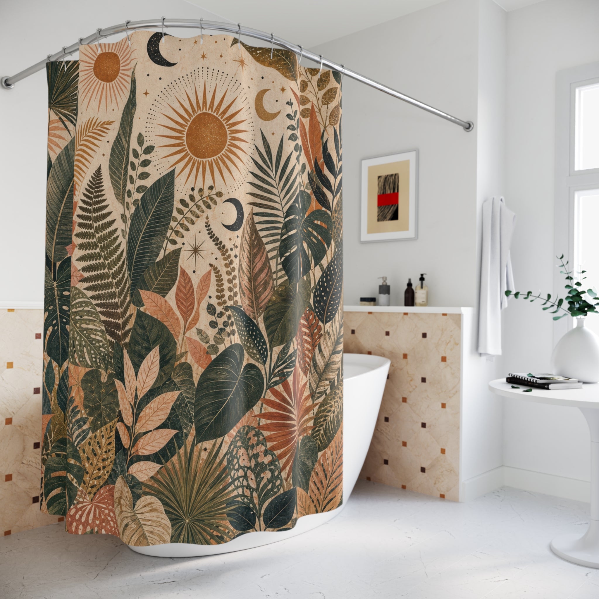 Green Tropical Boho Botanical Shower Curtain