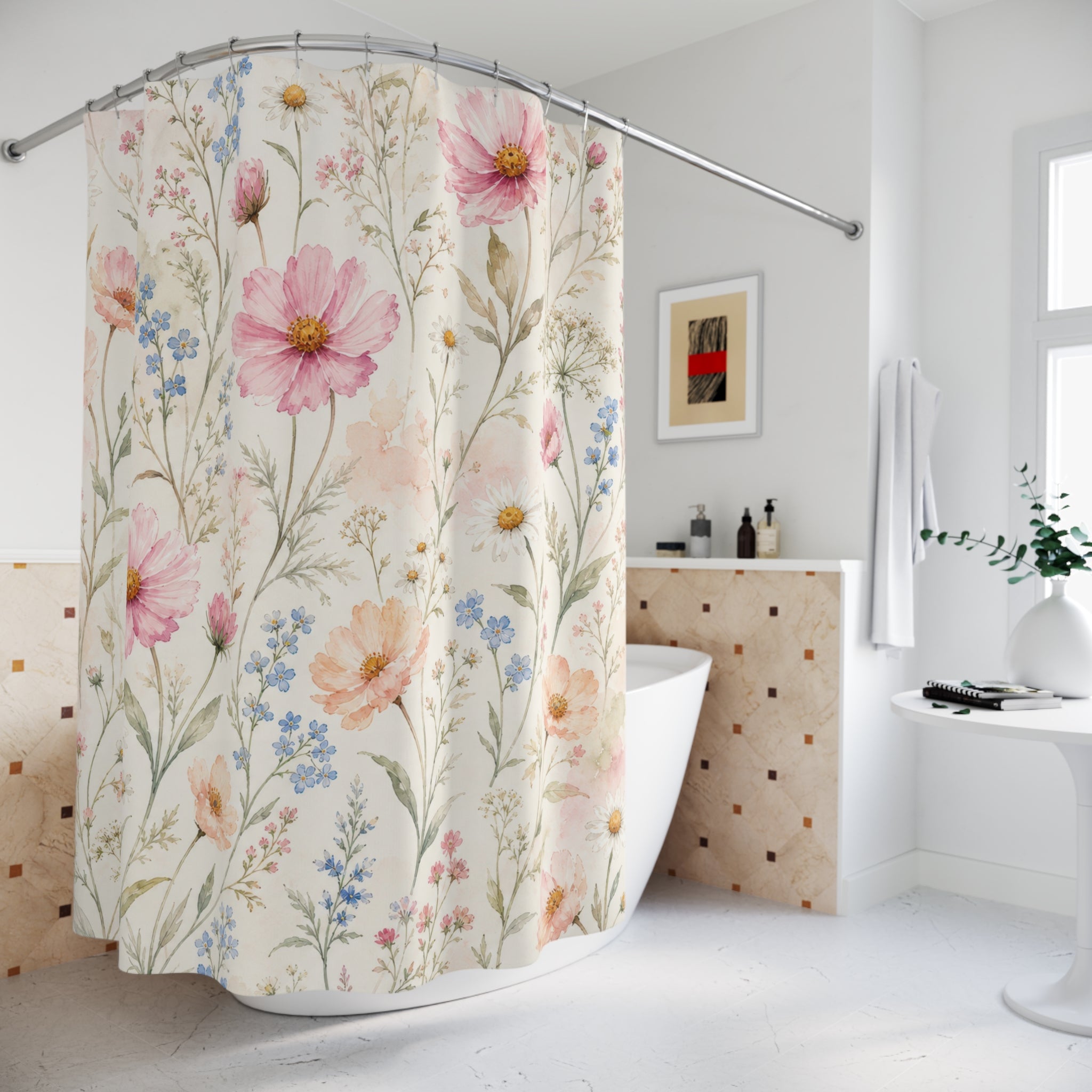 Cosmos Blue Wildflower Watercolor Shower Curtain