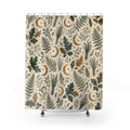 Witchy Botanical Shower Curtain, Moon Fern Bath Decor, Green Oak Leaf Herb Pattern, Cream Sage Celestial Nature Guest Bathroom Decor