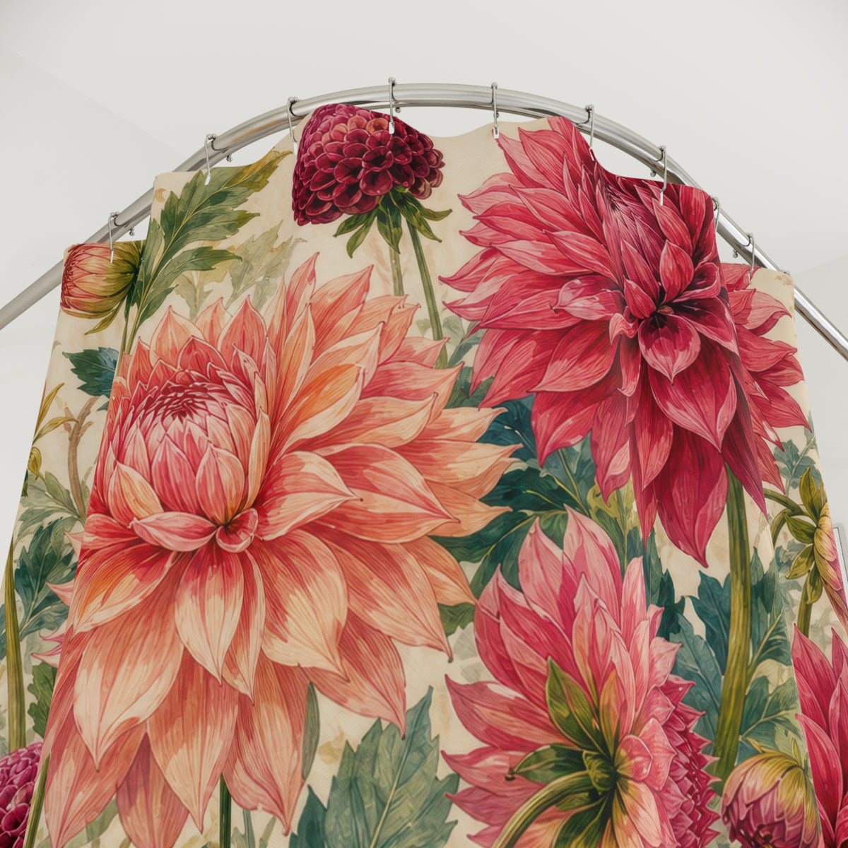 Dahlia Red Pink Floral Botanical shower curtain with close-up print, hooks, and folds