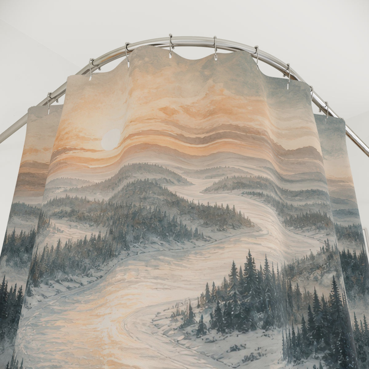 Frozen river through snowy pines at winter sunrise shower curtain with close-up print, hooks, and folds