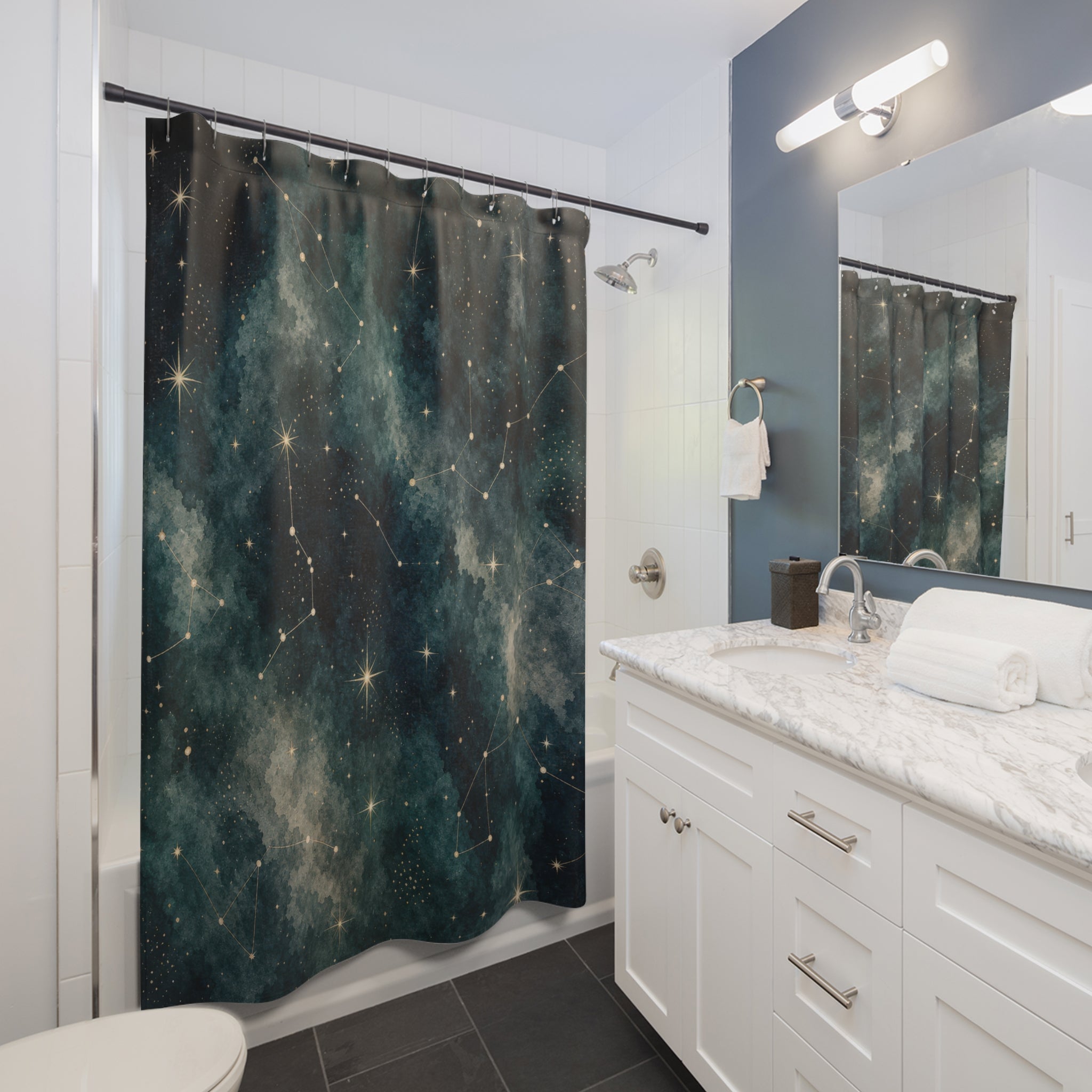 Constellation Shower Curtain, Dark Teal Starry Night Sky Pattern, Celestial Bathroom Decor, Astrology Guest Bath Mystical Style