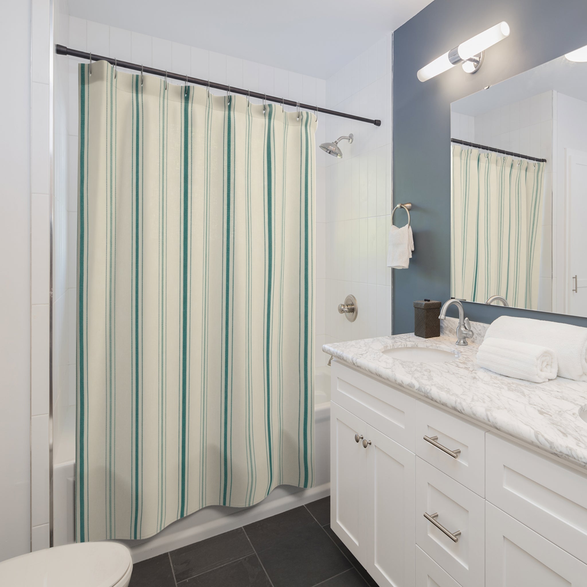 Teal Aqua Ticking Stripe Shower Curtain