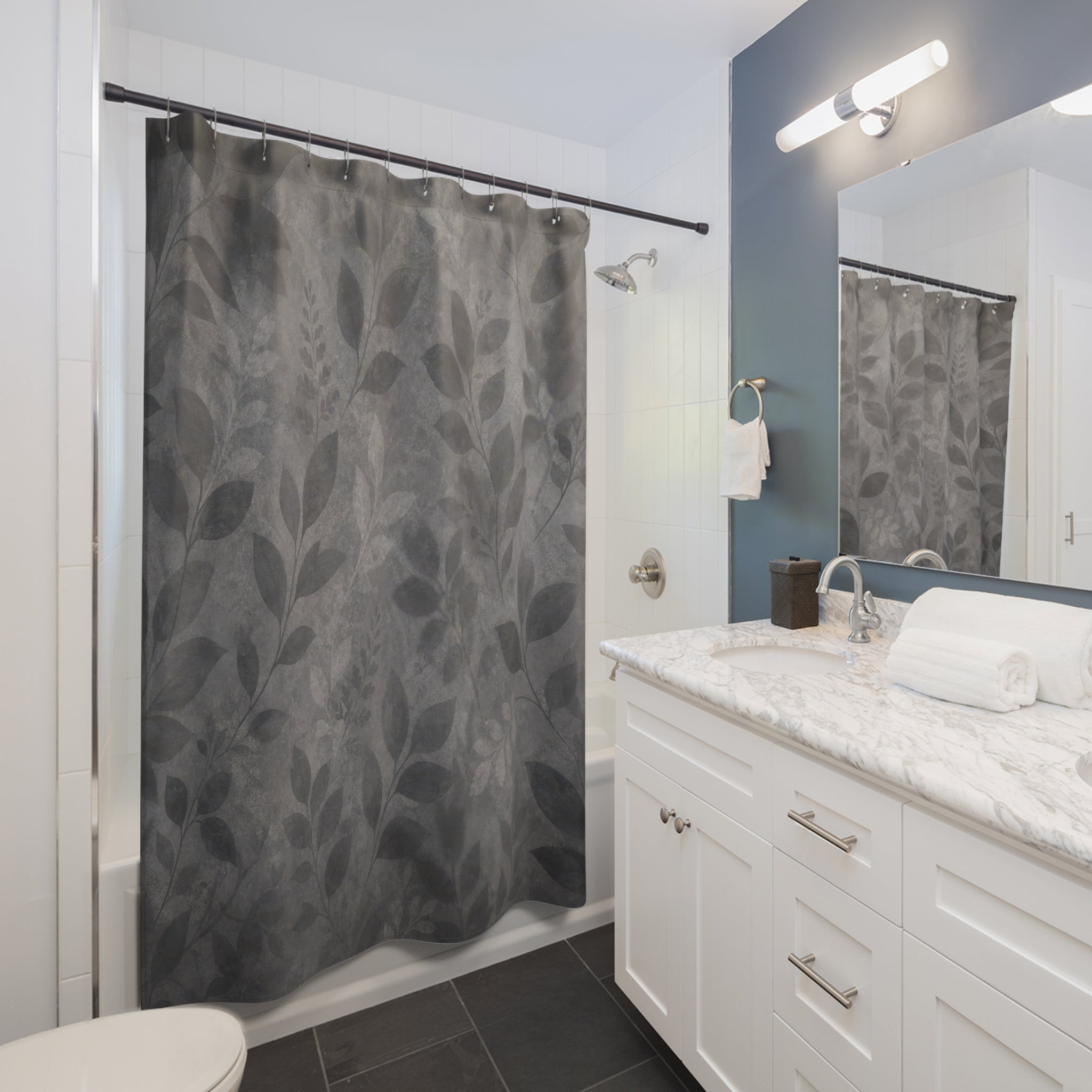 Gray Floral Shower Curtain, Dark Botanical Bath Decor, Leaf Vine Pattern, Moody Neutral Guest Bathroom Decor, Soft Garden Charcoal Style