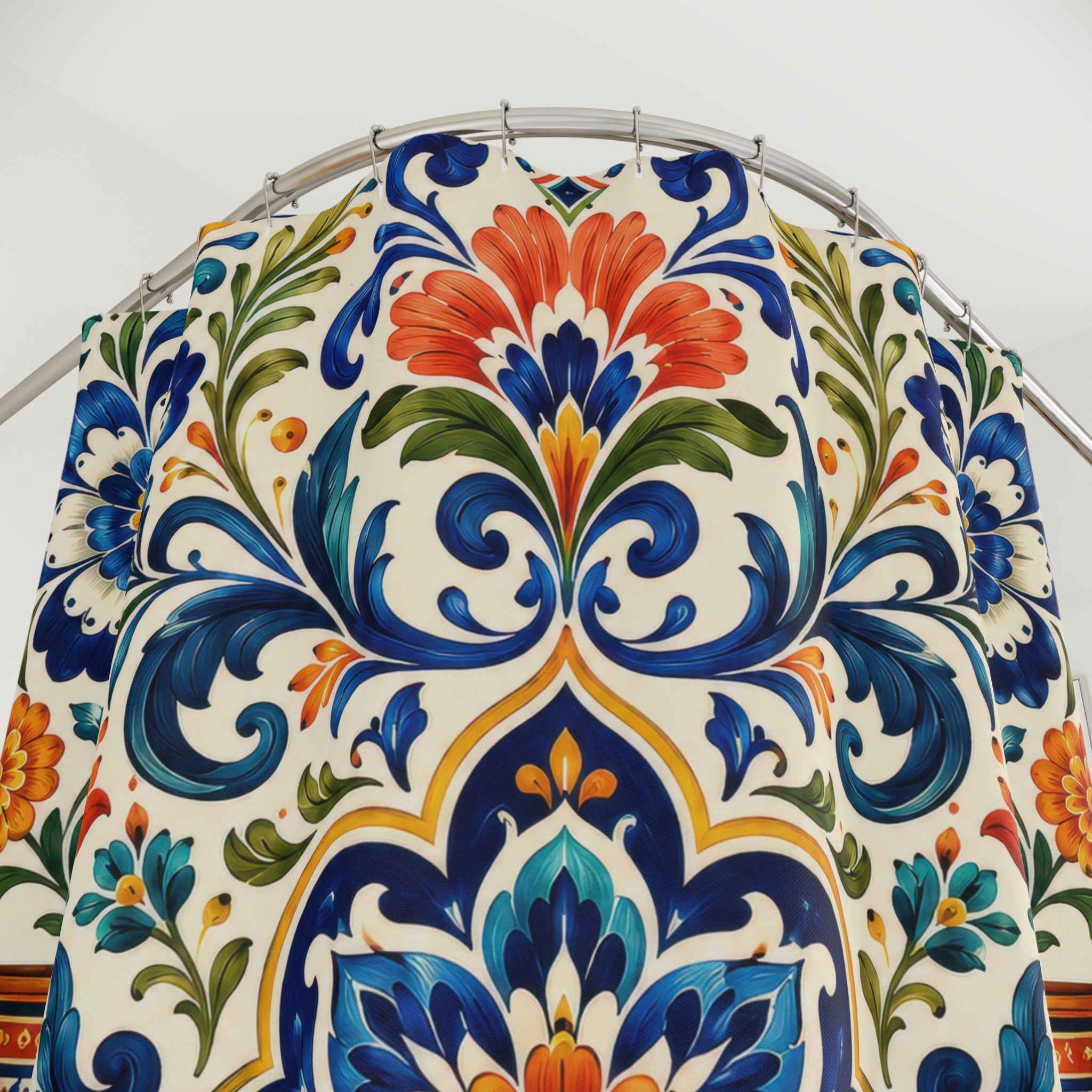 Mexican Floral Shower Curtain: Blue Orange Talavera Tile