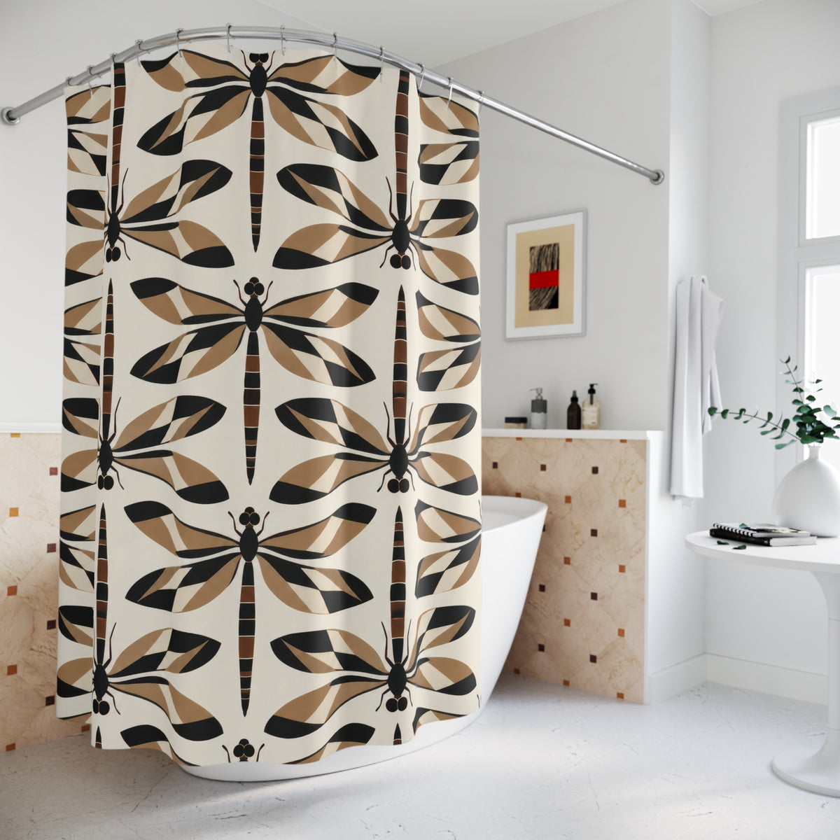Black and tan geometric dragonflies on ivory shower curtain beside a freestanding tub