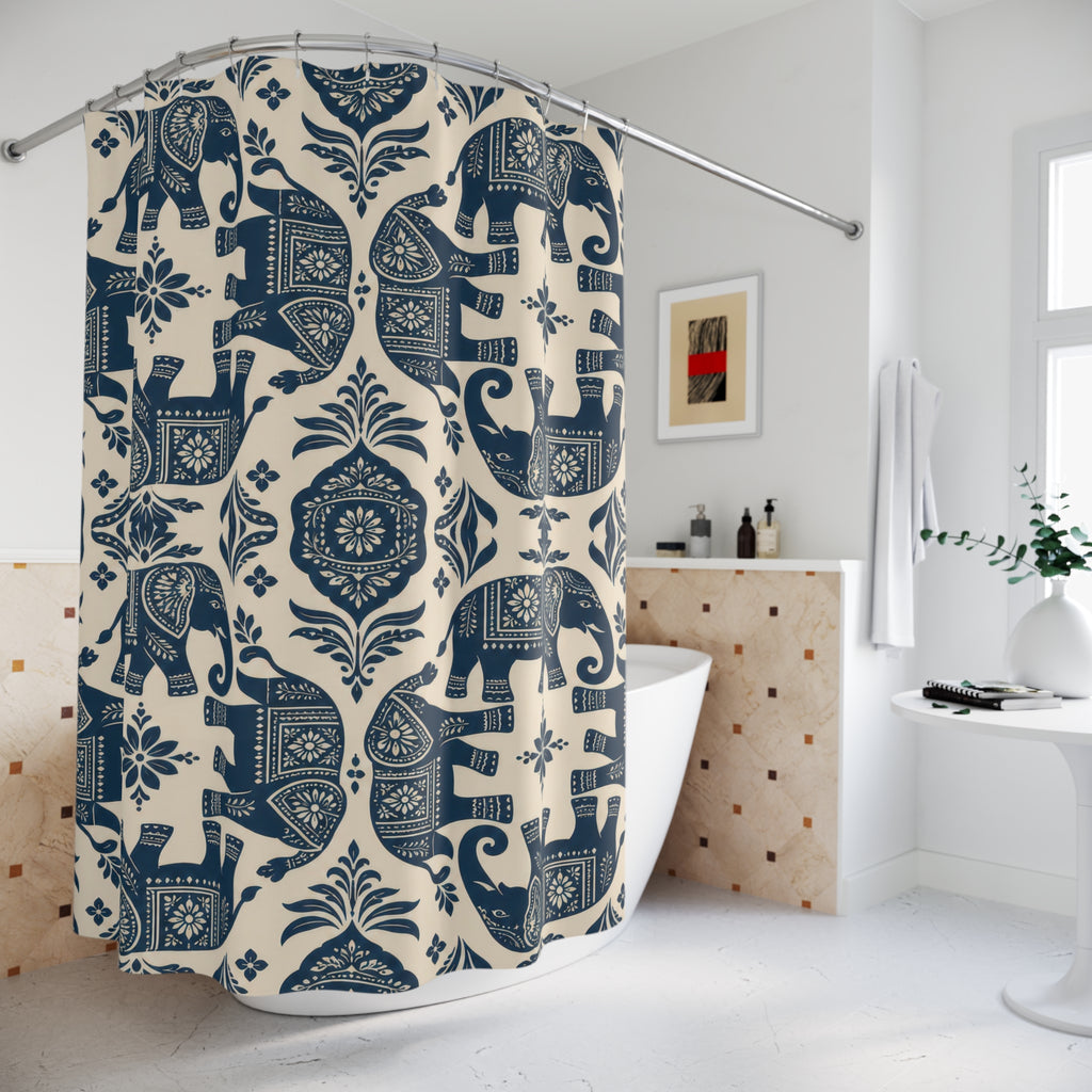 Indigo elephant folk pattern shower curtain beside a freestanding tub