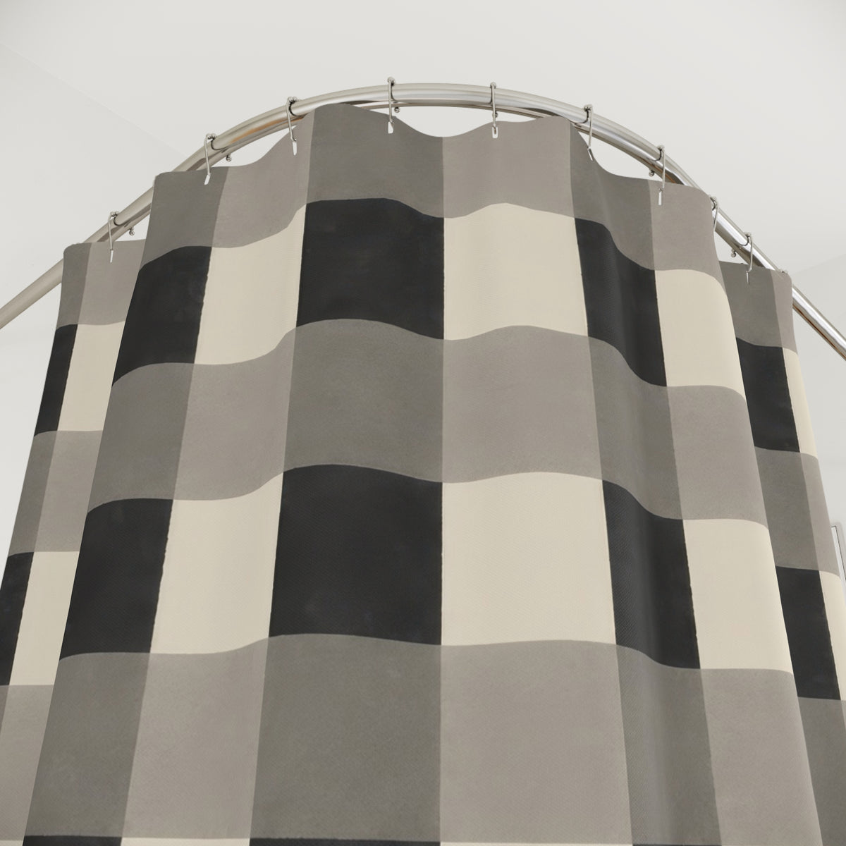 Buffalo checks in charcoal, gray and ivory shower curtain with close-up print, hooks, and folds