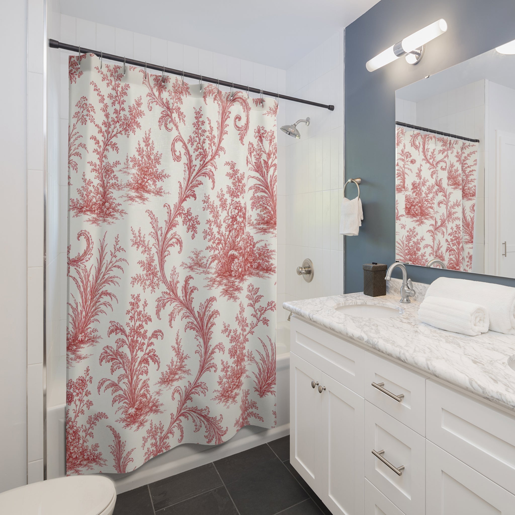 Red White Botanical Toile Shower Curtain