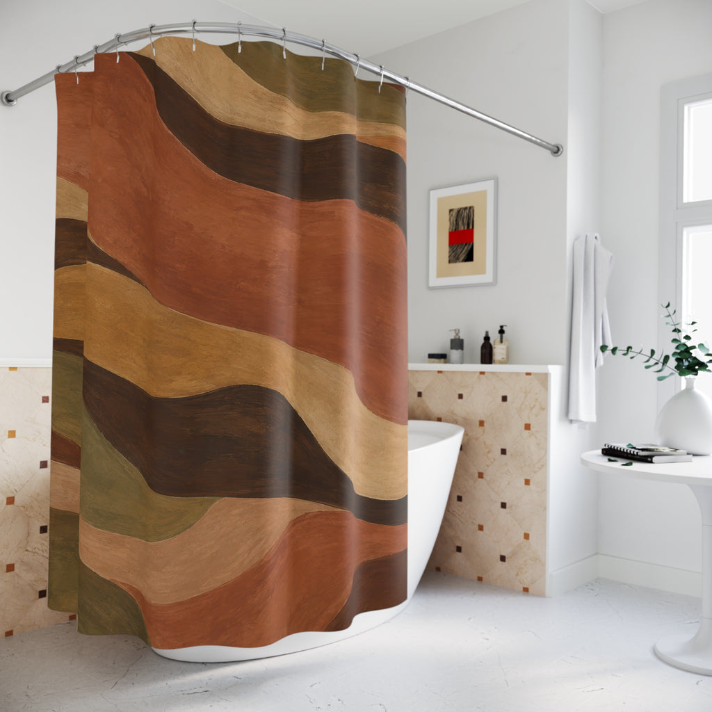 Terracotta and olive flowing bands with dark brown curves shower curtain beside a freestanding tub