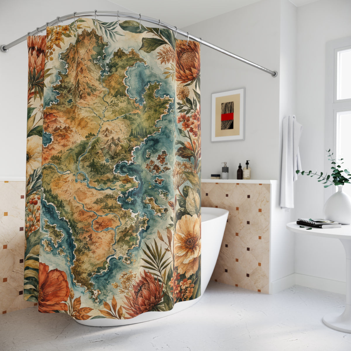Botanical island watercolor map shower curtain beside a freestanding tub