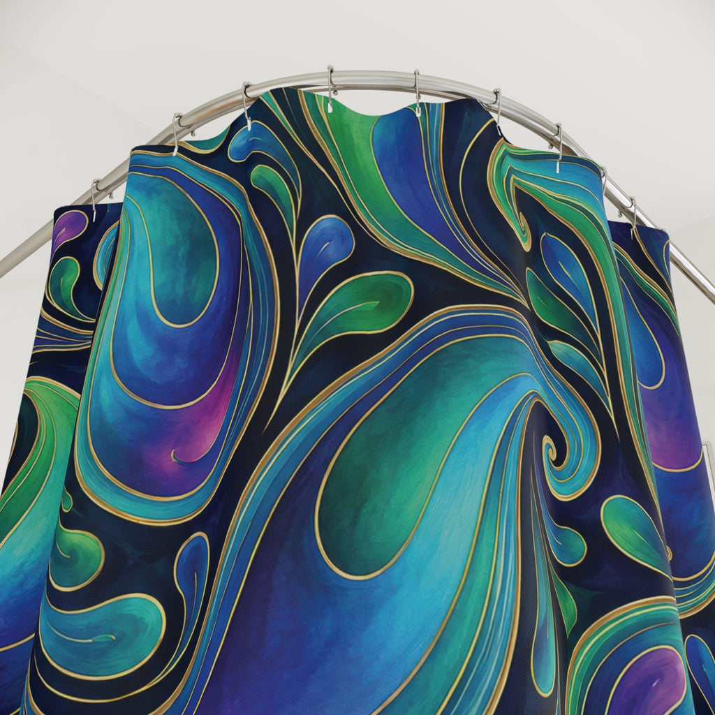 Iridescent teal and violet paisleys with gold-tone outlines shower curtain with close-up print, hooks, and folds