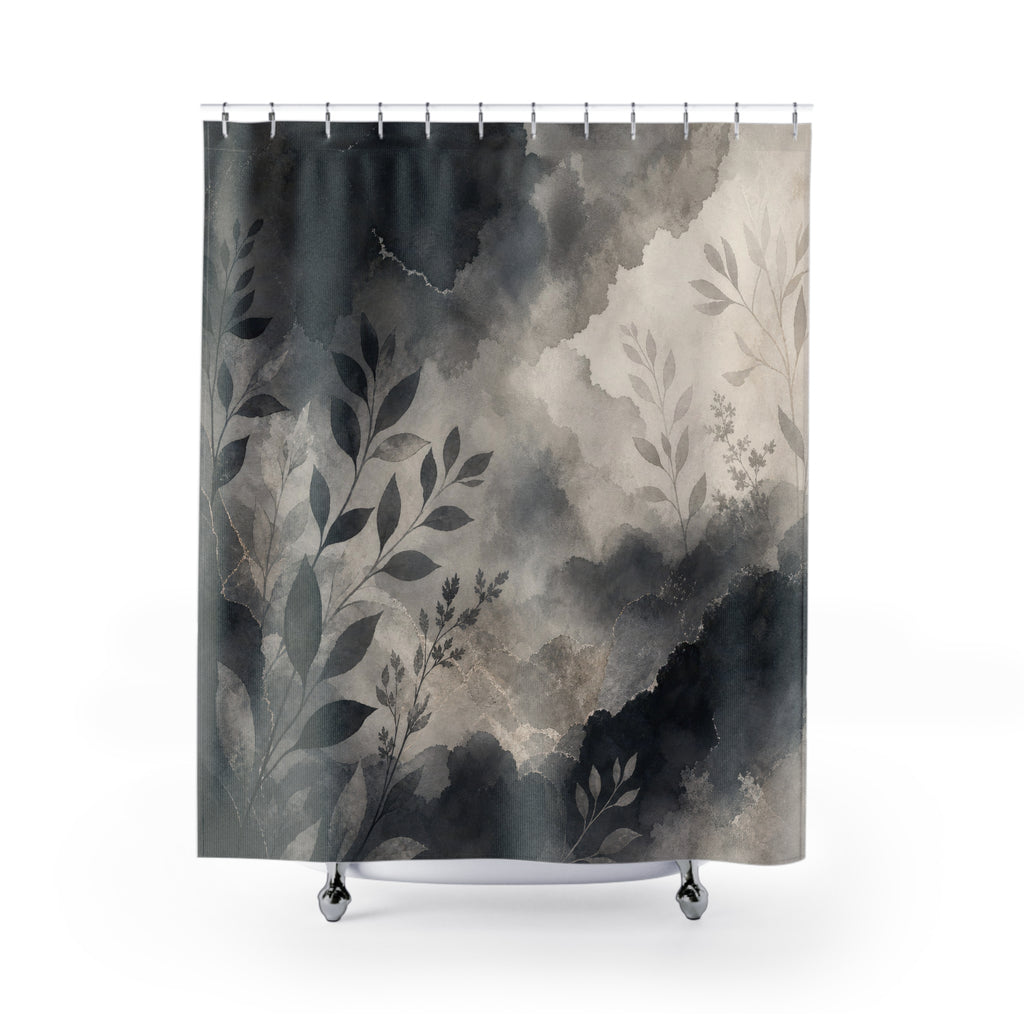 Charcoal Grey Shower Curtain: Botanical Ink Landscape