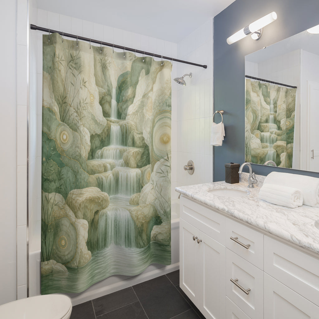 Luminous waterfall descending through layered sage mineral cliffs shower curtain beside a white vanity