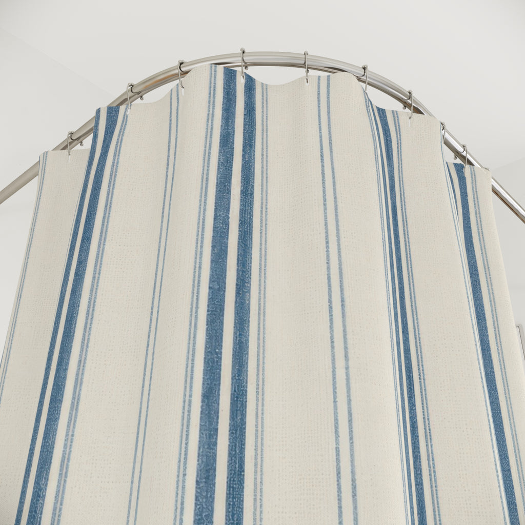 Denim Ticking Stripe Shower Curtain, Denim Blue Farmhouse Bathroom Decor, Cream Stripe Bath Curtain, Guest Bathroom Decor, Small Bath Decor