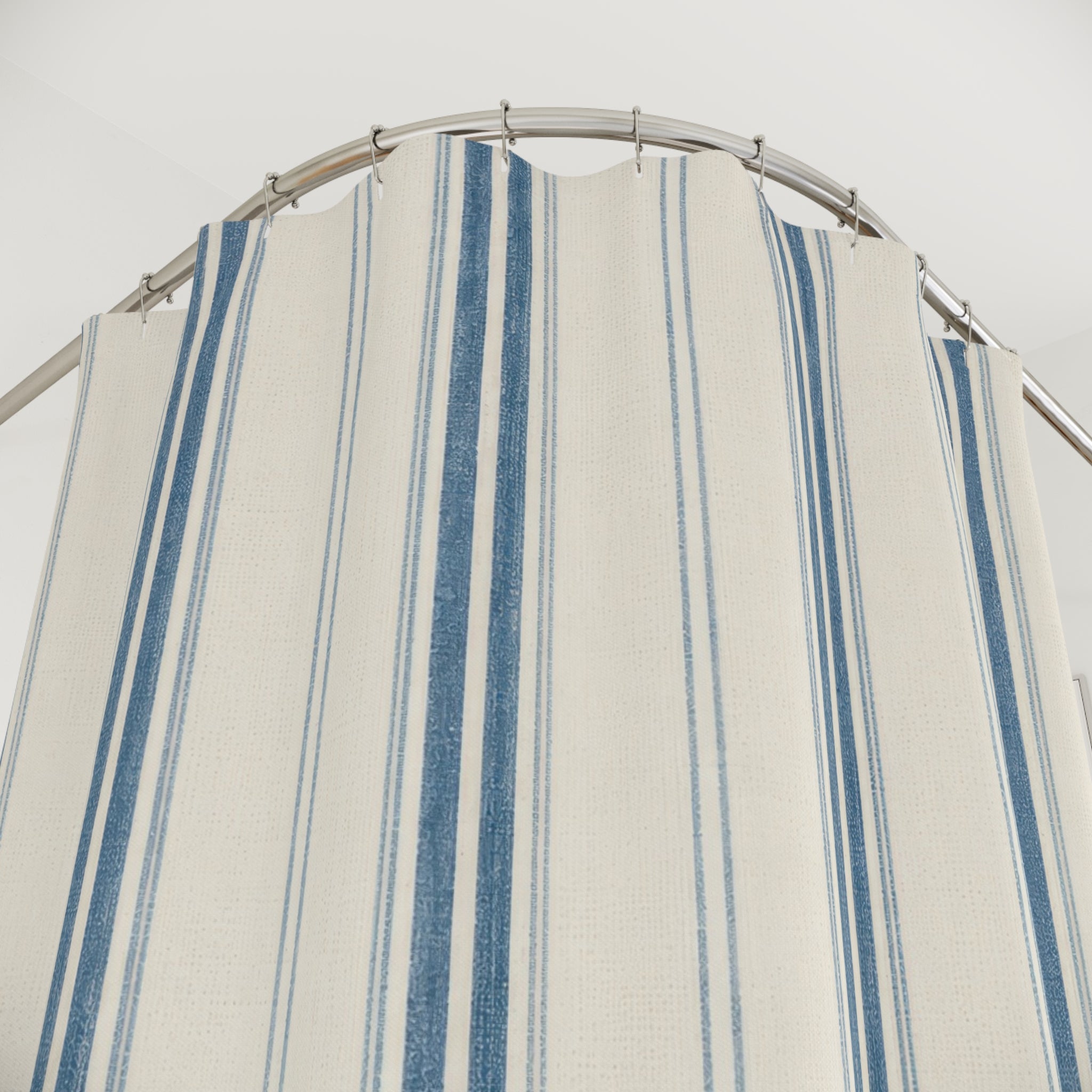 Denim Ticking Stripe Shower Curtain, Denim Blue Farmhouse Bathroom Decor, Cream Stripe Bath Curtain, Guest Bathroom Decor, Small Bath Decor