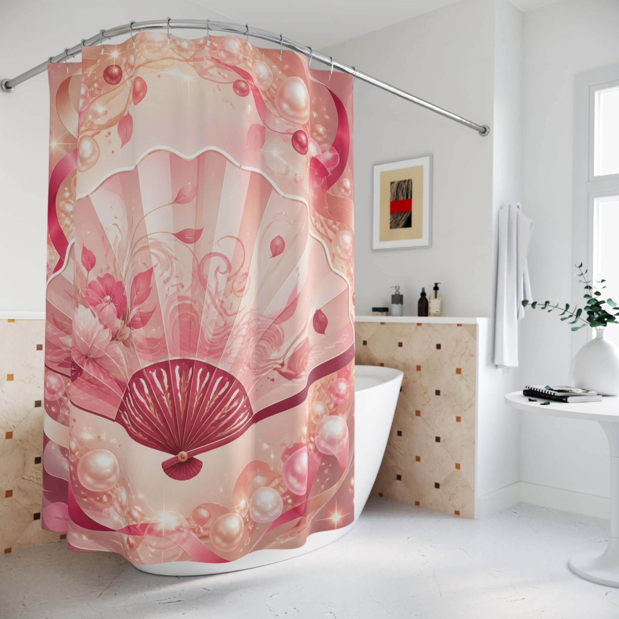 Blush folding fan glowing inside a pearl oval halo shower curtain beside a freestanding tub