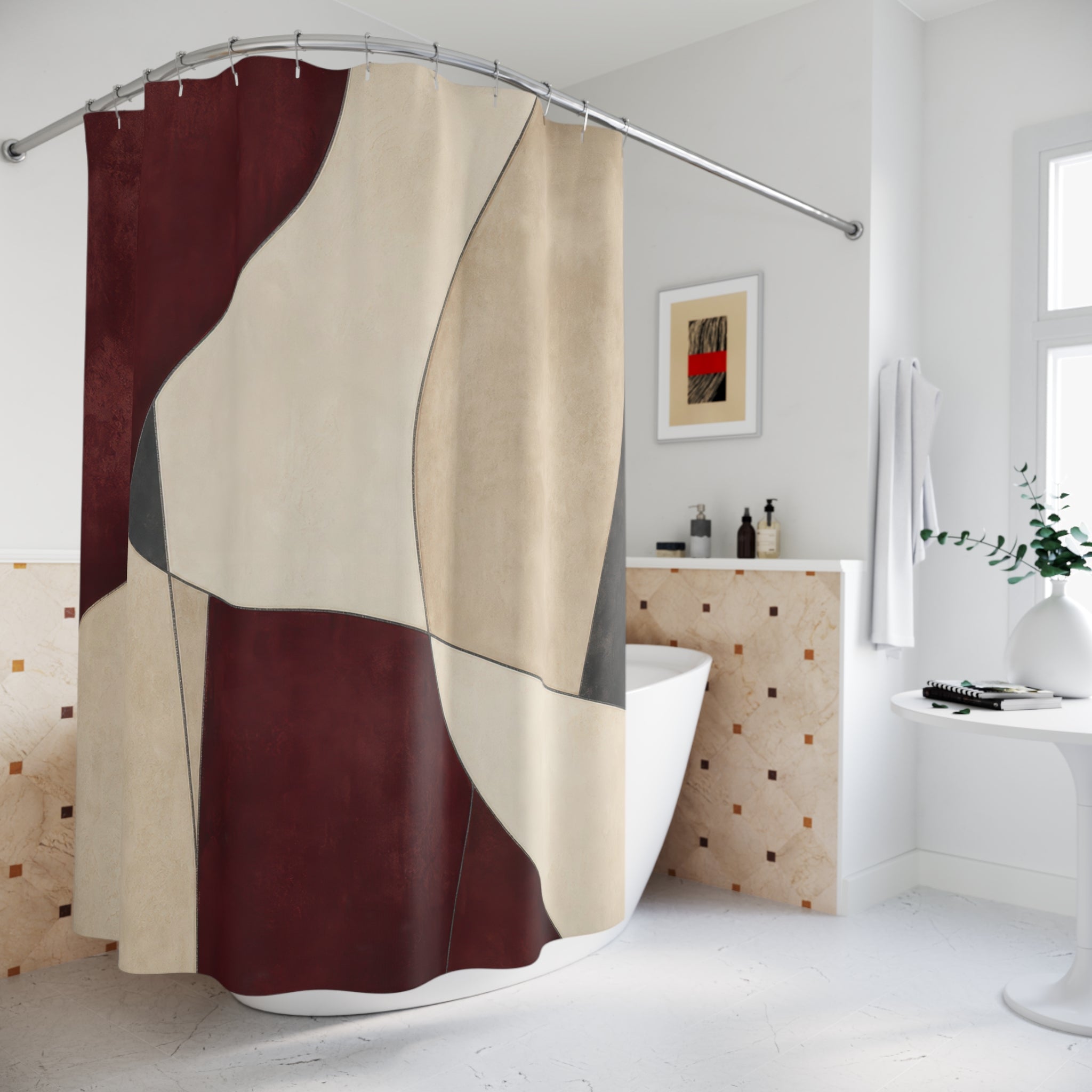 Burgundy Abstract Red and White Shower Curtain