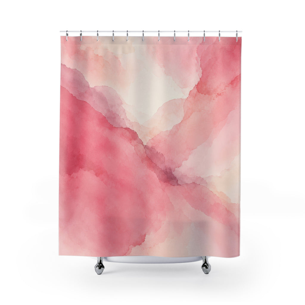 Light pink watercolor washes with mauve edges shower curtain with full front view