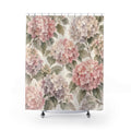 Blush hydrangeas and sage leaves on cream shower curtain with full front view