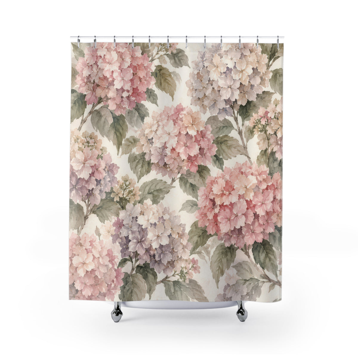 Blush hydrangeas and sage leaves on cream shower curtain with full front view