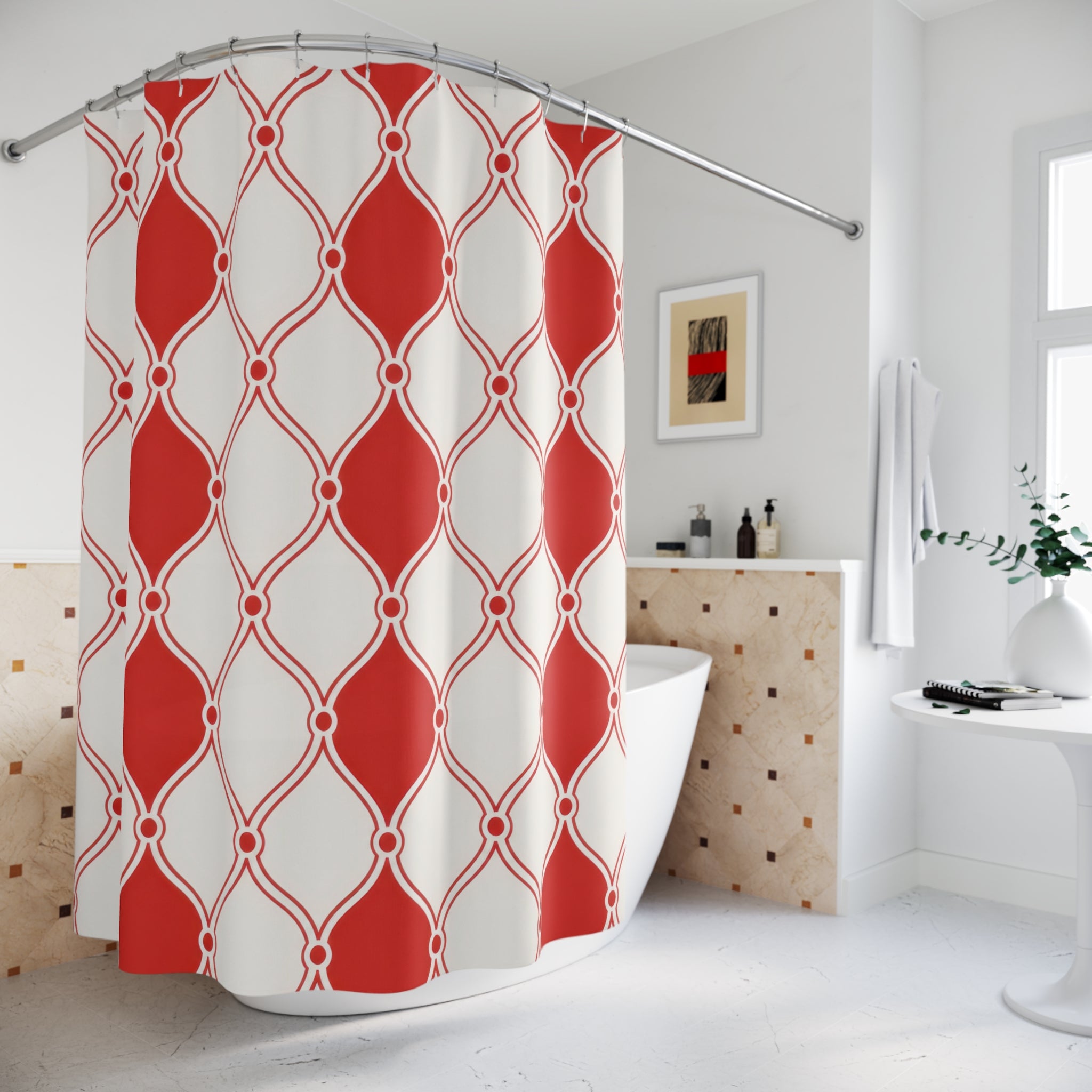 Trellis Shower Curtain, Red and White Lattice Pattern, Moroccan Geometric Bath Decor, Clean Classic Guest Bathroom Style, Ogee Accent