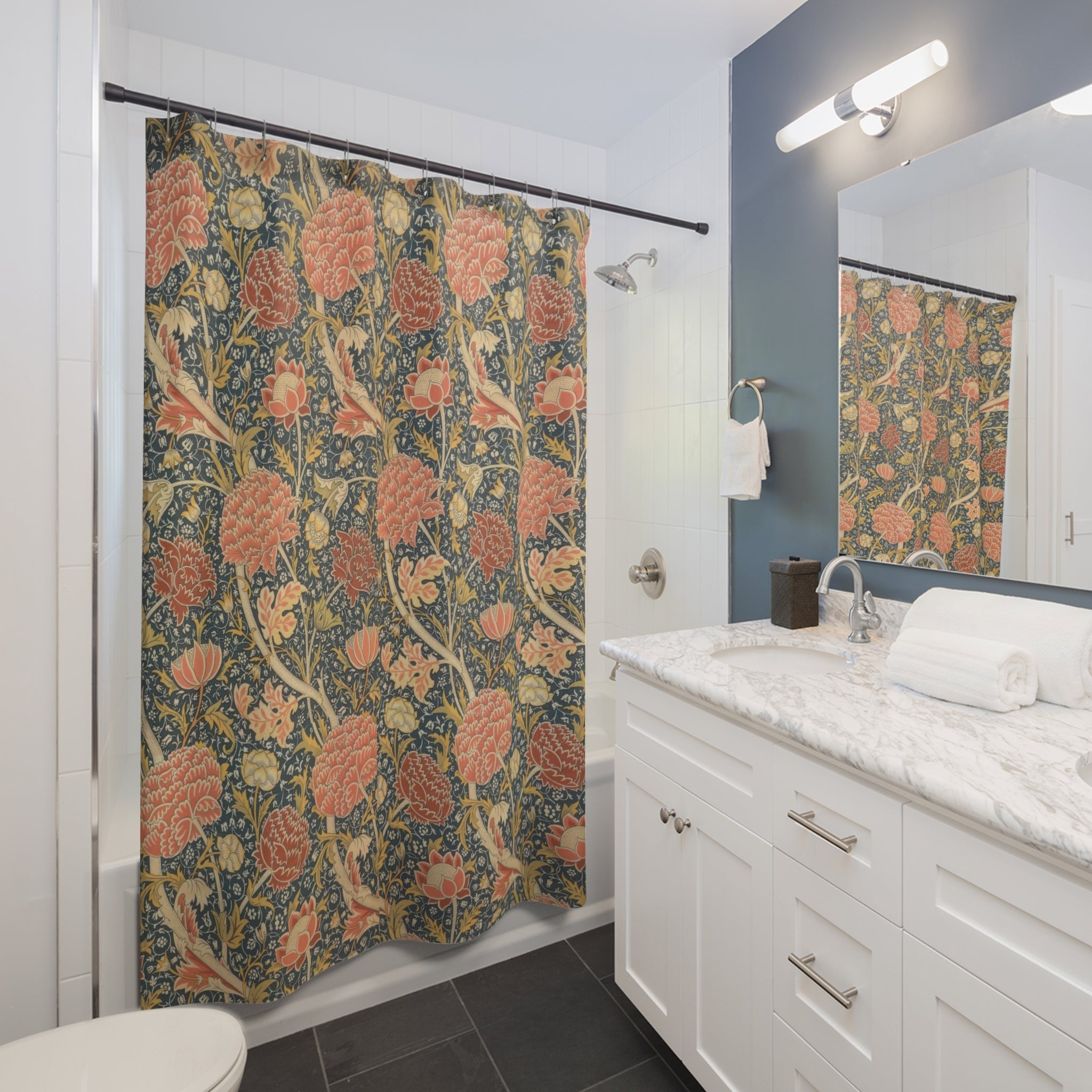Morris Cray Shower Curtain – Coral Peony on Navy