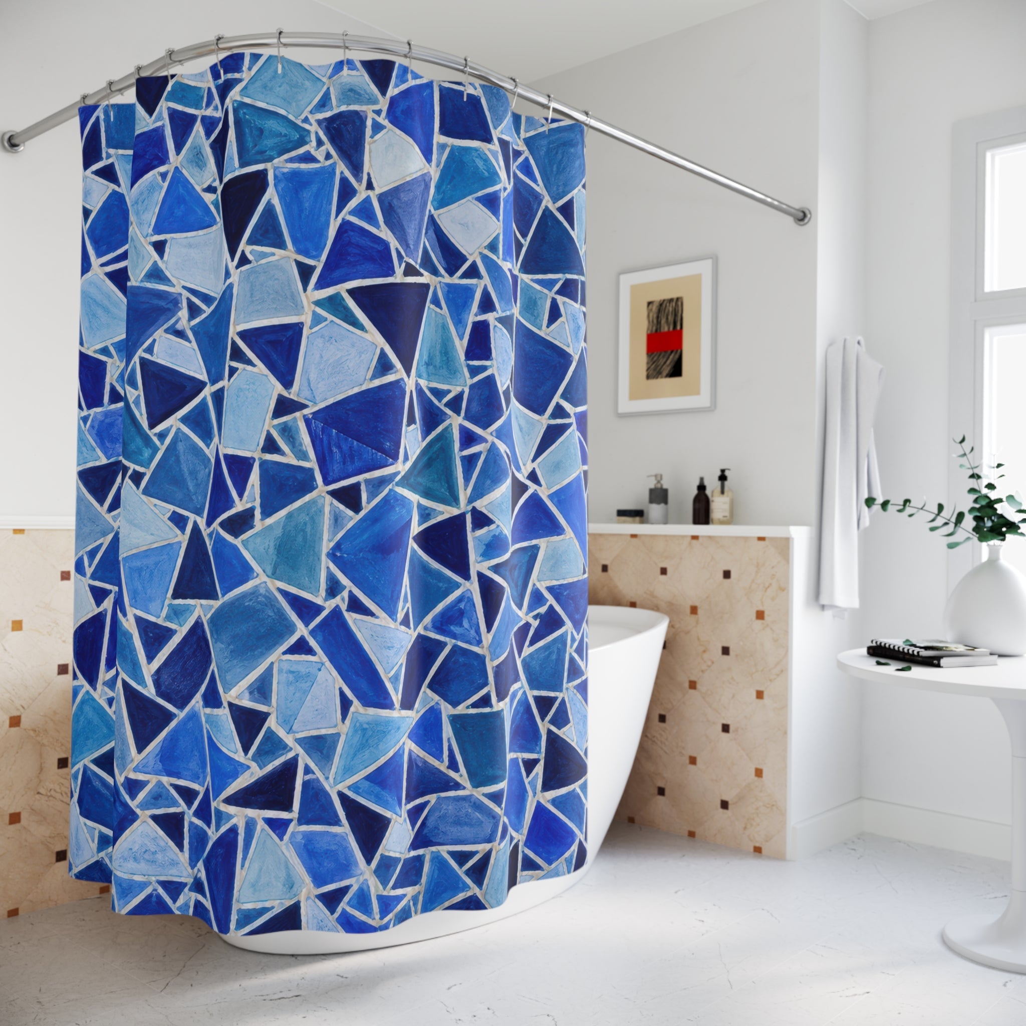 Blue Mosaic Shower Curtain, Cobalt Blue Modern Bathroom Decor, Mosaic Pattern Bath Curtain, Guest Bath Decor, Small Bathroom Decor